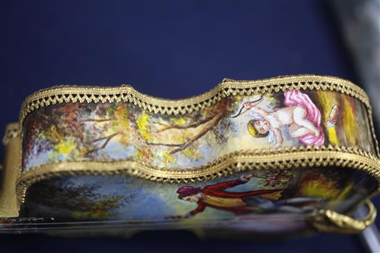 Two 20th century Viennese enamel musical boxes, in the form of a piano and a cello with stand, 6.5in. & 11.5in.